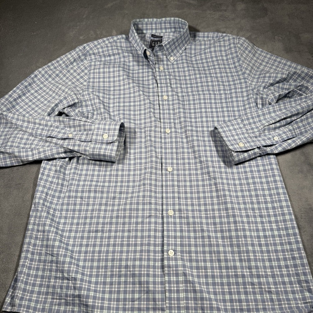 GAP Shirt Men's LT Large Tall Blue Plaid Untucked Fit Stretch Soft Poplin Casual
